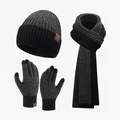 Ensemble d'hiver avec bonnet tricoté, écharpe et gants tactiles en noir et gris - Noir Gris Patchwork
