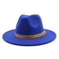 Royal blue wool fedora hat with brown woven band and silver buckle on white background - M (56-58cm) / Blue