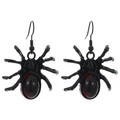 Detailed view of spider earrings with deep red gemstones and black alloy gothic design - Shiny Black Large Spider Red Ruby (A-1322) / Bright Black