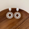 Bohemian geometric round hoop earrings with grid pattern in white and gold finish - White