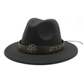 Black wool wide brim fedora hat with brown leather band and antique metal badge floral buckle - Black