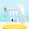 Kids stainless steel utensil set with cartoon cow handle in yellow and white color - Cow Set (Spoon+Fork+Knife+Chopsticks+Box)