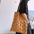 Floral block print cotton tote bag in orange and green with slim shoulder straps - Standard Large / Yellow Branches