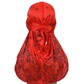 Rear view of red paisley durag with long tail and silky satin texture on head model - Red Paisley