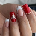 Short French red and white press-on nails with heart patterns and rhinestones - Red Heart Style (with Yellow Jelly Glue)
