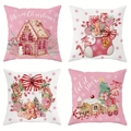Pink and white Christmas cushion covers set of 4 featuring watercolor festive patterns - Pink White Watercolor Festival Elements Set