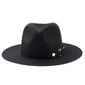 Close-up of black straw fedora hat featuring a matte leather band and gold metal buckle - Black (Black Leather Band)