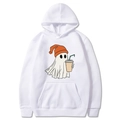 White Halloween hoodie with cartoon ghost wearing an orange beanie and holding coffee cup - S / White