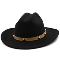 Detail of vintage black wool fedora featuring a brown studded band and flat brim - M (56-58cm) / 14 Black