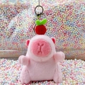 Pink Capybara plush keychain with cherry ornament and silver lobster clasp - Pink Apple Style + Silver Clip
