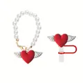 Stanley cup accessory set with pearl chain and red winged heart straw cover topper - Straw Cap + Pearl Chain / Set-Red
