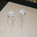 Detailed view of long cascading glass bead tassels on elegant fabric flower earrings - 43# Silver Needle - Blue White Petal Tassel