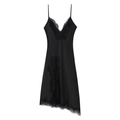 Elegantes schwarzes Satin-Unterkleid für Damen mit feinem Spitzenbesatz und V-Ausschnitt - XS / Schwarz