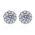 Macro shot of silver sunflower earrings with sparkling moissanite stones and center pearls - Sunflower Stud Earrings (ED63)