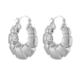 Detailed close-up of wavy textured silver hoop earrings with polished finish and snap closure - White Gold Oval Bamboo