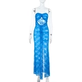Detail view of the intricate blue lace texture and hollow-out mesh design on the beach dress - S / Blue