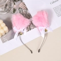 Pink plush cat ear headband with white bows and bells for cosplay or party wear - Pink Cat Ears Bell Headband