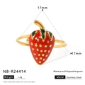 Adjustable stainless steel ring with 3D strawberry enamel charm in red and green colors - Strawberry Style (NB-R24414)