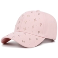 Detailed view of pink baseball cap with colorful rhinestone letters P and N on cotton twill - Adjustable / Pink