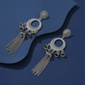 Bohemian vintage silver earrings with hollow circular discs and long metal tassels - Hollow Disc Bell Silver Style (E7362)