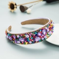 Colorful crushed turquoise and crystal embellished wide purple fabric headband for women - Purple