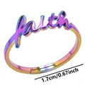 Macro detail of rainbow stainless steel adjustable ring featuring cursive faith design - Adjustable Open / Rainbow