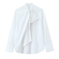Elegante blusa blanca de manga larga para mujer con un diseño de cuello con lazo - XS / Blanco