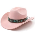 Dettaglio cappello cowboy rosa in camoscio con cintura ricamata blu e fibbia a farfalla - M(56-58cm) / Rosa