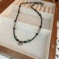 Elegant beaded necklace with black seed pearls, green stones, and silver longevity lock - Black Geometric (26#)