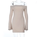 Slim fit off-shoulder long sleeve mini dress in nude pink with a ribbed knit texture - S / Apricot