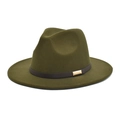 Detail of olive green wool fedora hat featuring brown leather band and gold buckle - Army Green