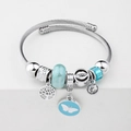 Silver beaded bracelet with tree of life and sky blue butterfly charms - C1-018 Blue