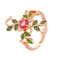 Rose gold leaf ring with green enamel and pink gemstone inlay on white background - Rose Gold Enamel Pink Zirconia Leaf Ring (A-971)