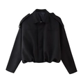 Detail view of black faux suede jacket with shoulder epaulettes and elasticated hem - S / Black