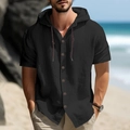 Men's casual black hooded short sleeve shirt with breathable cotton linen texture - M / Black