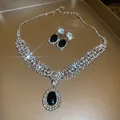 Vintage necklace and earrings set with oval black zircon and sparkling crystal rhinestones - 91# Necklace-Silver-Black