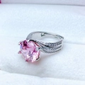Macro shot of pink heart-and-arrow zircon ring with six-prong crown setting - Adjustable Open / 5 Carat Pink Center Stone Crown Setting Style(XSD-18)