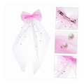 Pink bow hair clip with mesh veil and small white pearls for bridal photography - 45cm / Deep Pink