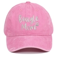 Close-up of Beagle Mom and paw print embroidery on pink washed cotton baseball cap - Pink