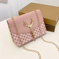 Pink chain crossbody bag with stylish brown pattern and golden deer tassel detail - Pink Print