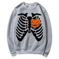 Gray Halloween sweatshirt featuring orange pumpkin and skeleton graphics in a flat lay - S / Tops / Grey (Pumpkin Skeleton)