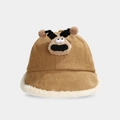 Close-up of brown corduroy baby bucket hat with white fleece trim and cute cartoon face - 50cm (1-3 Years) / Reindeer / Dark Khaki