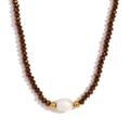 Vintage beaded necklace with brown crystals, central white pearl, and gold accents - Electroplated Brown