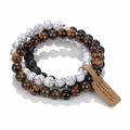 Detailed view of natural white turquoise, tiger eye, and obsidian gemstone beaded bracelets - FK1576 Howlite/Tiger Eye/Lava Stone Bracelet Combination