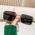 Frameless rectangle sunglasses with wood grain temples and grey tinted lenses - Gold Frame Black Grey