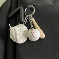 Mini baseball keychain set with white glove, wood bat and ball on black backpack - Small Baseball Glove and Bat Set / White
