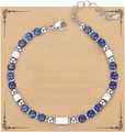 Blue natural stone beaded bracelet with 4mm silver squares and adjustable chain - Always Card Style / With Card / Lapis Lazuli