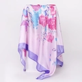 Detail of pink silk scarf with red roses, purple butterflies, and elegant border drape - 90x90cm / Pink Purple (D9029)