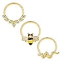 3-piece gold nose ring set featuring marquise crystal, bee charm, and snake design - 1.2x8mm / Gold Tone Marquise Rhinestone Bee & Snake Style (Set of 14)