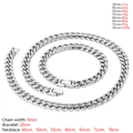 Conjunto cadena cubana de plata pulida 9mm con detalles de longitud y peso exacto - Pulsera de 9mm de Ancho x 20cm de Largo / Color Acero